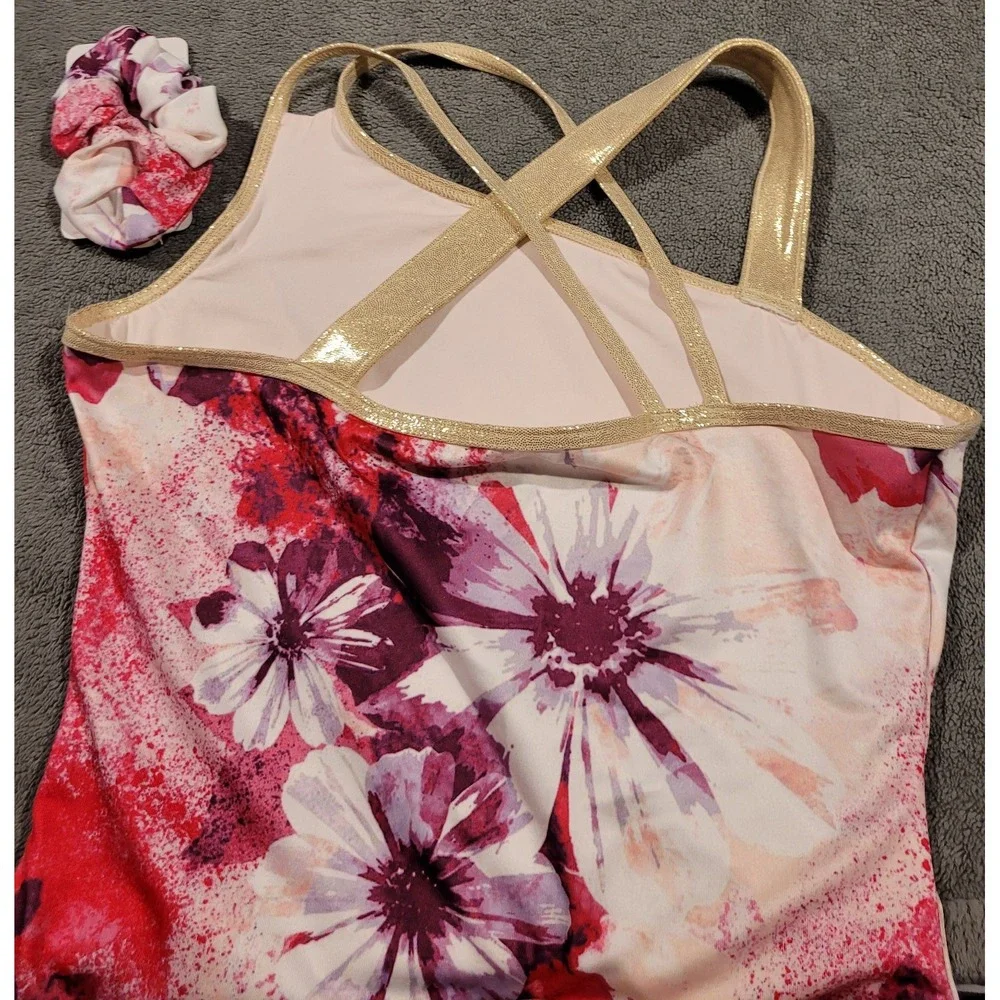New Justice 1 Shoulder Leotard&Matching Scrunchie Gymnastic/Dance Floral GoldXL